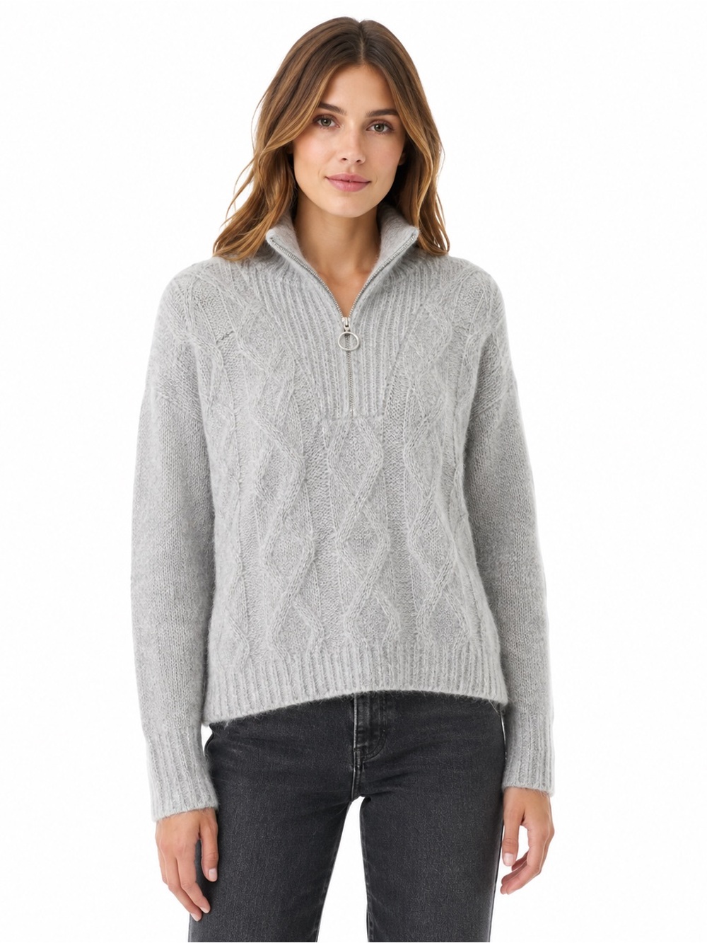 BKE Buckle Gray Fuzzy Cable Knit Quarter Zip Sweater Size Medium